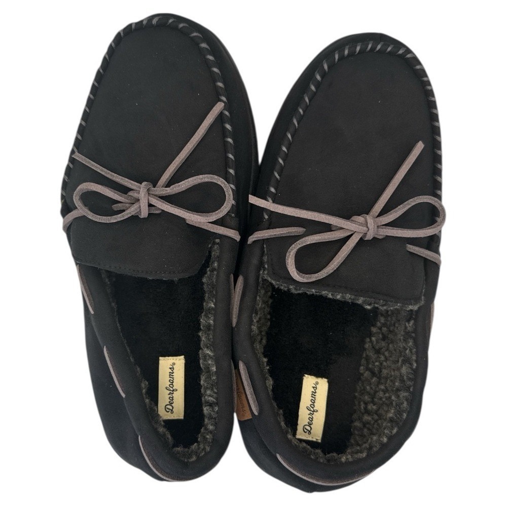 Dearfoams Men's Black‎ Microsuede Moccasin Tie Slippers, Size XL (13-14)
